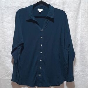 J. Jill Dark Blue Green Knit Button Down Relaxed Collared Shirt